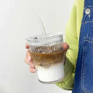 Striped Glass Cup with Lid & Straw
